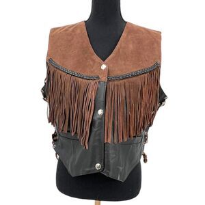 Leather King Women’s‎ Black Leather Brown Fringe Side Lace Up Conchos Vest XL